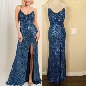 Denim Blue Sequined Cowl Rhinestone Wedding Guest Prom Formal Party Dress 2